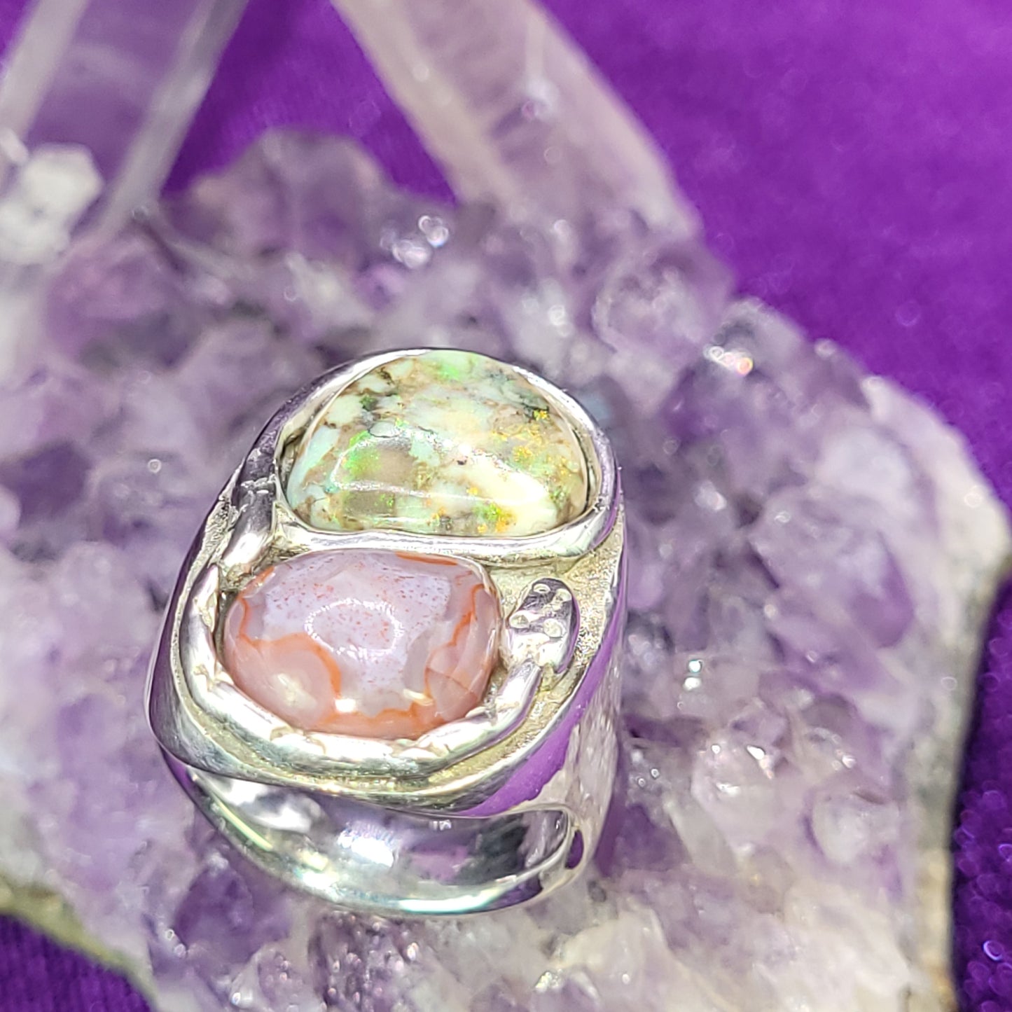 Wealth & Prosperity Seeker Ring | Size 9 | Snake Ring with Green Opal & Agatized Red Opal | 1.25" Protective Talisman