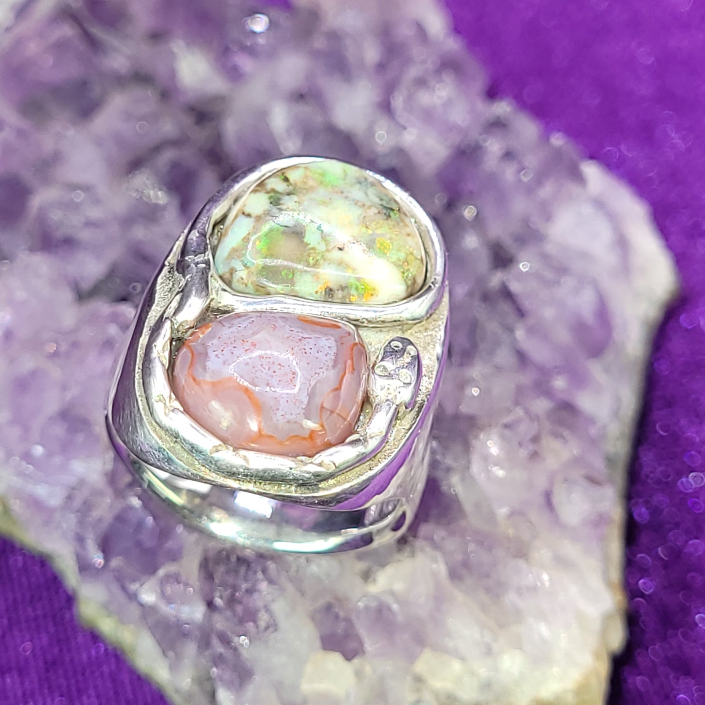 Wealth & Prosperity Seeker Ring | Size 9 | Snake Ring with Green Opal & Agatized Red Opal | 1.25" Protective Talisman