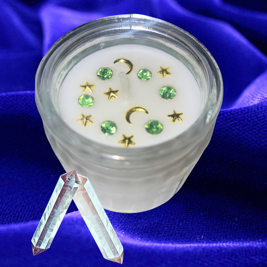 Money Spell Candles: Peridot Crystal Soy Candles for Wealth Manifestation