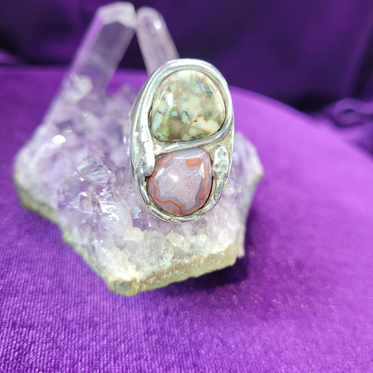 Wealth &amp; Prosperity Seeker Ring | Size 9 | Snake Ring with Green Opal &amp; Agatized Red Opal | 1.25" Protective Talisman