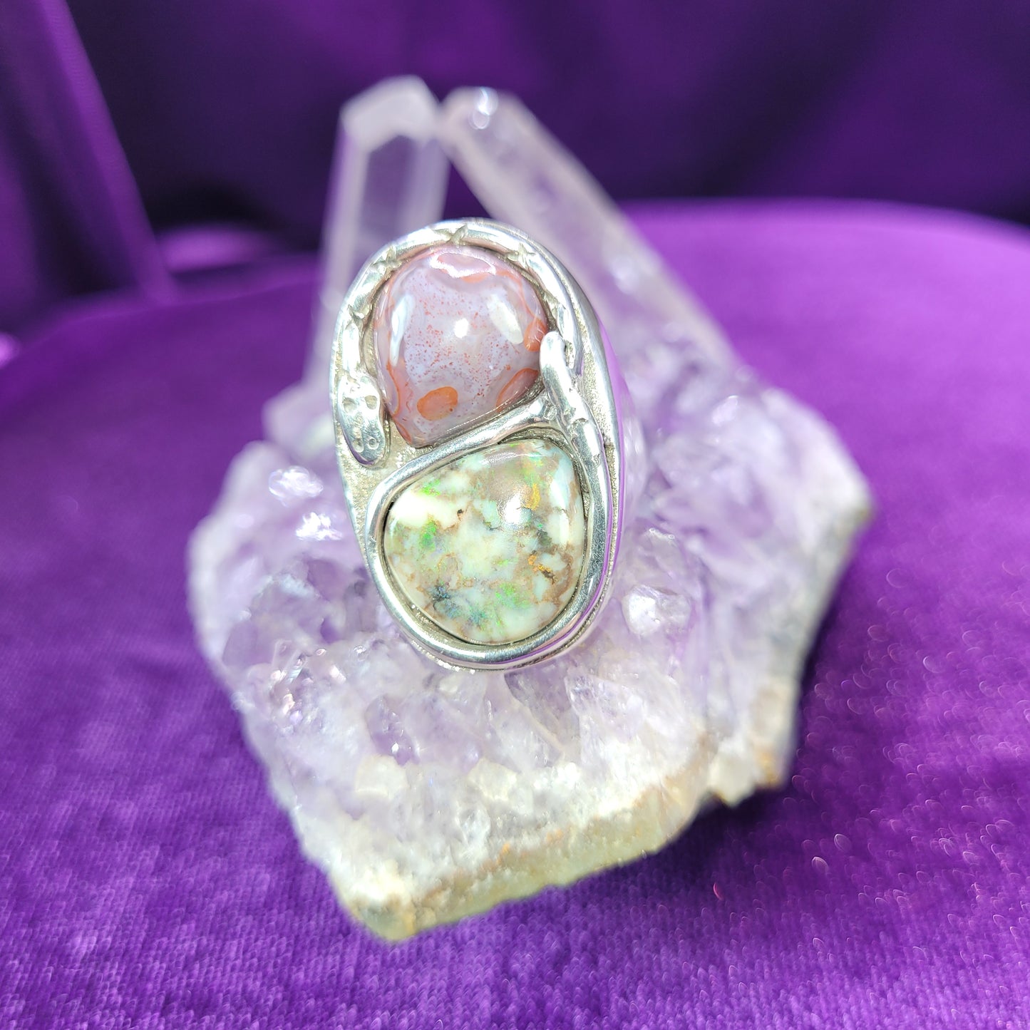 Wealth &amp; Prosperity Seeker Ring | Size 9 | Snake Ring with Green Opal &amp; Agatized Red Opal | 1.25" Protective Talisman